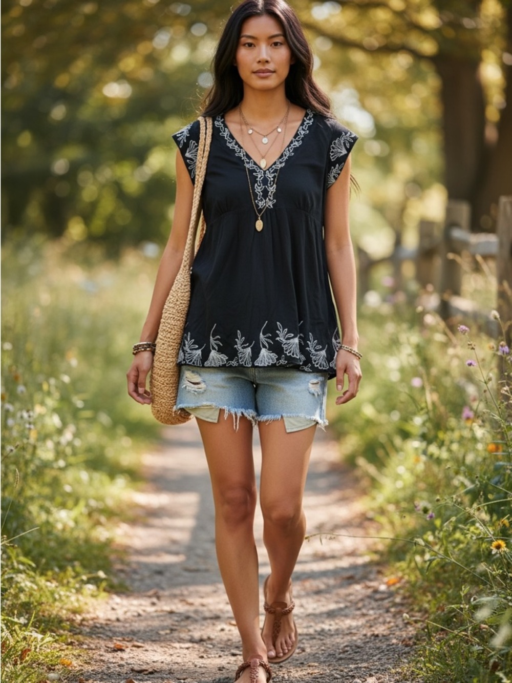 BCBGMaxAzria Black Embroidered V-Neck Flutter Sleeve Tunic - Picture 1 of 6